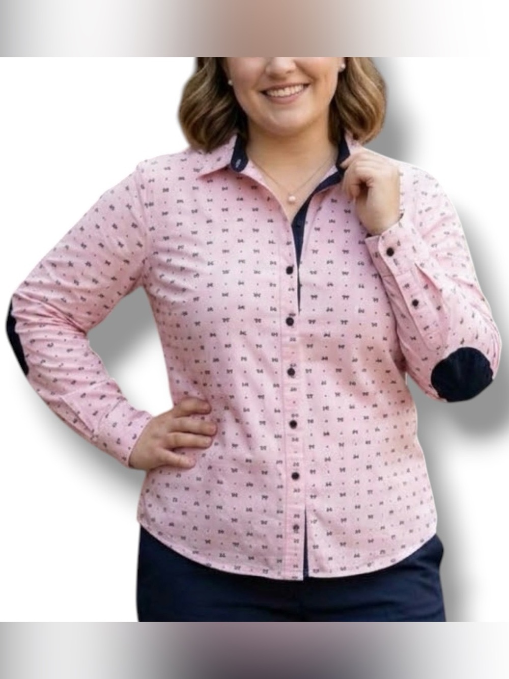C'est Toi NWOT Pink Bow & Polka Dot Button-Down Blouse with Elbow Patches 2XL